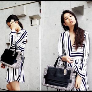 ZARA Women White Dress with Navy Blue Stripes